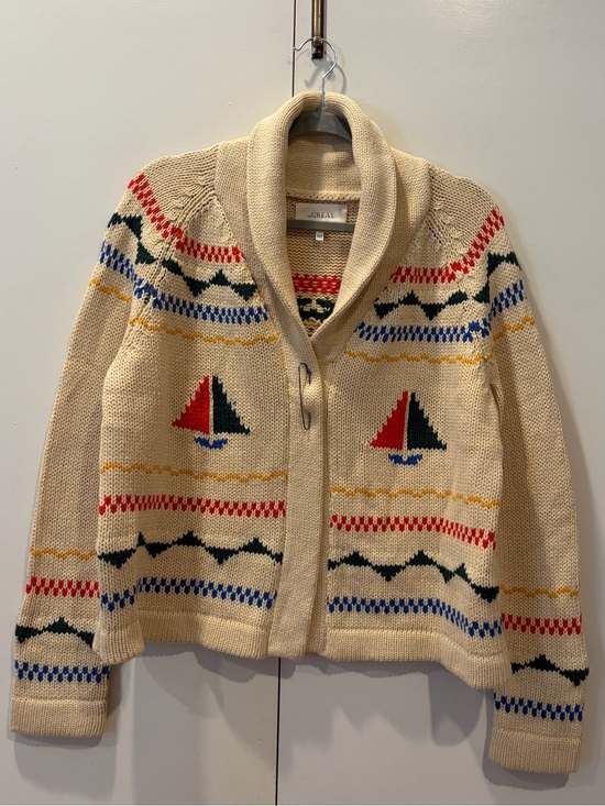 THE GREAT. Sweaters - THE GREAT. Cream Shawl-Collar Cardigan with Nautical Sailboat Motif